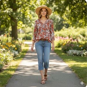 Fun2Fun V-Neck 3/4 Sleeve Rounded Hem Pumpkin Floral Print Women's S NWOT